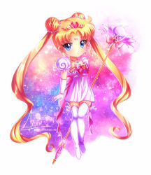 Rule 34 | 1girl, alternate costume, anklet, artist name, axsen, bad id, bad pixiv id, bishoujo senshi sailor moon, blonde hair, blue eyes, boots, bow, brooch, chibi, crescent, crescent facial mark, double bun, earrings, elbow gloves, facial mark, forehead mark, full body, gloves, gradient background, hair bun, heart, heart brooch, jewelry, long hair, magical girl, necklace, puffy sleeves, red bow, sailor moon, skirt, solo, staff, star brooch, thigh boots, thighhighs, tiara, tsukino usagi, twintails, watermark, web address, white footwear, white gloves, white skirt
