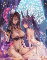 Rule 34 | 2girls, animal ears, arm wrap, armlet, armor, back, bandaged arm, bandages, bare shoulders, belly chain, bikini, bikini armor, black armor, black hair, bracelet, breastplate, breasts, bridal gauntlets, byuura (sonofelice), circlet, cleavage, curtains, dark-skinned female, dark skin, detached collar, earrings, facepaint, facial mark, fate/grand order, fate (series), feathers, forehead jewel, gradient hair, green eyes, hat, hoop earrings, jackal ears, jewelry, large breasts, legs, long hair, looking at viewer, medium breasts, multicolored hair, multiple girls, navel, nitocris (fate), nitocris (fate/grand order), nitocris (swimsuit assassin) (fate), nitocris (swimsuit assassin) (third ascension) (fate), open mouth, parted bangs, parted lips, pauldrons, ponytail, purple eyes, purple hair, ring, sarong, scheherazade (fate), shoulder armor, sidelocks, sitting, sparkle, swimsuit, thighlet, thighs, tiara, very long hair, wariza, white bikini
