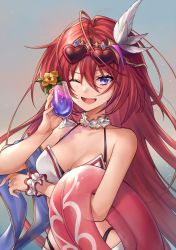 Rule 34 | 1girl, ;d, bikini, blue eyes, blush, breasts, choker, collarbone, cup, drink, eyewear on head, feathers, flower, glass, godsworn alexiel, granblue fantasy, heart, heart-shaped eyewear, highres, holding, holding cup, long hair, looking at viewer, medium breasts, one eye closed, open mouth, red hair, shiao, smile, solo, sunglasses, swimsuit, white bikini, white choker