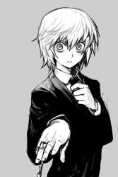 Rule 34 | 1boy, collared shirt, cowboy shot, formal, grey background, greyscale, hungry clicker, hunter x hunter, jewelry, kurapika, looking at viewer, male focus, monochrome, music, necktie, shirt, short hair, simple background, singing, solo, suit, wide-eyed