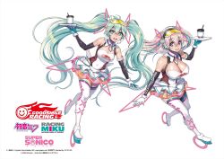 Rule 34 | 2girls, boots, breasts, character name, cleavage cutout, clothing cutout, coffee cup, commentary request, copyright notice, cosplay, covered navel, crossover, cup, detached sleeves, disposable cup, gloves, goodsmile racing, gradient hair, hatsune miku, hatsune miku (cosplay), high heels, highres, holding, holding tray, large breasts, logo, medium breasts, multicolored hair, multiple girls, nitroplus, open hand, open mouth, pink eyes, pink hair, racing miku, racing miku (2021), skating, super sonico, thigh boots, thighhighs, tray, tsuji santa, twintails, vocaloid, white background, white gloves