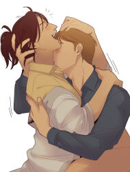 Rule 34 | 1boy, 1girl, blue shirt, breasts, brown hair, closed eyes, collared shirt, commentary, hand on another&#039;s head, hange zoe, hanpetos, hetero, highres, hug, kiss, kissing neck, moblit berner, no eyewear, open mouth, ponytail, shingeki no kyojin, shirt, small breasts, smile, yellow shirt