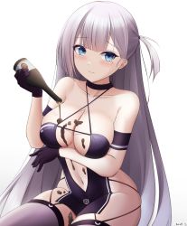 Rule 34 | 1girl, alcohol, armband, azur lane, bare shoulders, black choker, black gloves, blue eyes, bottle, breast hold, breasts, choker, cleavage, criss-cross halter, dripping, gloves, grey thighhighs, groin, halterneck, hand up, highres, keenh, large breasts, long hair, looking at viewer, mole, mole under eye, navel, one side up, race queen, revealing clothes, shoukaku (azur lane), shoukaku (sororal wings) (azur lane), silver hair, simple background, skindentation, smile, solo, thighhighs, thighs, very long hair, white background