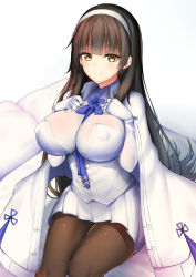 Rule 34 | 1girl, black pantyhose, blush, breasts, brown hair, cape, chixiao, closed mouth, covered erect nipples, girls&#039; frontline, gloves, hair ornament, hairband, highres, large breasts, long hair, looking at viewer, pantyhose, shirt, simple background, sitting, skirt, smile, solo, thighband pantyhose, type 95 (girls&#039; frontline), very long hair, white gloves, white hairband, white shirt, white skirt, yellow eyes