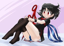 Rule 34 | 1girl, :o, ass, asymmetrical wings, black dress, black hair, black thighhighs, blue one-piece swimsuit, blush, bow, bowtie, bracelet, center frills, commentary request, dress, frills, full body, houjuu nue, jewelry, knees up, looking down, one-piece swimsuit, red bow, red bowtie, red eyes, school swimsuit, shadow, shiny clothes, shiny skin, short dress, short sleeves, sitting, solo, swimsuit, swimsuit under clothes, thighhighs, thighhighs pull, thighs, touhou, wings, winn