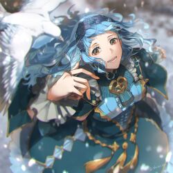 Rule 34 | 1girl, animal, bird, blue cape, blue dress, blue hair, blue hairband, breasts, brown eyes, cape, commentary, dress, fingernails, fire emblem, fire emblem: three houses, fire emblem warriors: three hopes, floating hair, frilled sleeves, frills, hairband, highres, lace-trimmed hairband, lace trim, large breasts, long hair, long sleeves, looking at viewer, looking up, marianne von edmund, nintendo, official alternate costume, official alternate hairstyle, open mouth, shadow, shiroi (shiroicbe), smile, teeth, twitter username, wavy hair