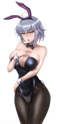 Rule 34 | 1girl, ahoge, animal ears, bare shoulders, black leotard, blush, breasts, brown pantyhose, cleavage, collarbone, covered navel, detached collar, fake animal ears, fate/grand order, fate (series), grey hair, highleg, highleg leotard, highres, jeanne d&#039;arc alter (avenger) (fate), jeanne d&#039;arc alter (fate), large breasts, leotard, looking at viewer, open mouth, pantyhose, playboy bunny, rabbit ears, short hair, skyde kei, solo, thighs, wrist cuffs, yellow eyes