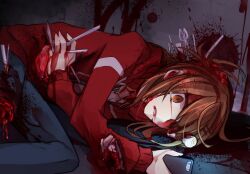 Rule 34 | 1girl, alley, blood, blood on clothes, blood on ground, blood on wall, brown eyes, brown hair, dismemberment, gellerman, guro, holding, holding phone, holding stomach, impaled, injury, lying, on side, phone, rpg maker, tearing up, tears, torn clothes, yayoi sekai