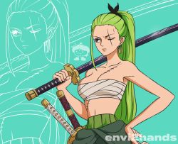 Rule 34 | 1girl, blue background, breasts, cleavage, coletoncooking, commentary, envi2hands, genderswap, genderswap (mtf), green hair, hand on own hip, highres, holding, katana, long hair, navel, one eye closed, one piece, roronoa zoro, scar, scar across eye, solo, sword, weapon