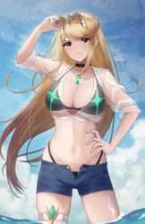 Rule 34 | alternate costume, blonde hair, breasts, doiparuni, highres, large breasts, long hair, mythra (xenoblade), very long hair, water, xenoblade chronicles (series), xenoblade chronicles 2
