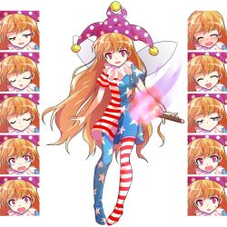 Rule 34 | 1girl, :d, ^ ^, alphes (style), american flag dress, american flag legwear, blonde hair, blush, closed eyes, clownpiece, crying, d:, dairi, expressions, closed eyes, full body, hat, jester cap, long hair, multiple views, open mouth, pantyhose, parody, pigeon-toed, purple eyes, smile, smug, standing, style parody, tachi-e, torch, touhou, transparent background, very long hair, wavy hair