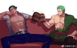 Rule 34 | 2boys, abs, bara, bare pectorals, blonde hair, color connection, curly eyebrows, feet out of frame, glint, green hair, grin, highres, large pectorals, male focus, multiple boys, muscular, muscular male, navel, nipples, one piece, pectorals, roronoa zoro, scar, scar across eye, short hair, smile, sparkling aura, spread legs, stomach, sweetdou3, toasting (gesture), vinsmoke yonji