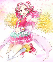Rule 34 | 10s, 1girl, :d, bad id, bad pixiv id, commentary request, cone hair bun, cure yell, earrings, flower, full body, hair bun, hair flower, hair ornament, hair ribbon, heart, hugtto! precure, jewelry, long hair, looking at viewer, magical girl, navel, nono hana, open mouth, pink eyes, pink hair, pink skirt, pom pom (cheerleading), precure, red ribbon, ribbon, skirt, smile, solo, thighhighs, tokeshi, white thighhighs