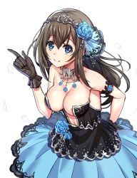 Rule 34 | 10s, 1girl, armband, bare shoulders, black gloves, black hair, blue eyes, blue flower, blue rose, blush, breasts, cleavage, collarbone, dress, eyebrows, flower, gloves, hair between eyes, hair flower, hair ornament, hairband, hand on own hip, idolmaster, idolmaster cinderella girls, idolmaster cinderella girls starlight stage, index finger raised, jewelry, long hair, looking at viewer, medium breasts, midriff, necklace, petals, ririko (zhuoyandesailaer), rose, sagisawa fumika, simple background, smile, solo, strapless, strapless dress, white background