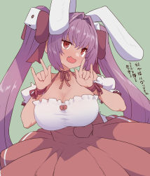 Rule 34 | 1girl, :d, animal ears, breasts, choker, cleavage, detached sleeves, di gi charat, dice hair ornament, double m/, fang, green background, hair intakes, hair ornament, hair ribbon, hands up, high-waist skirt, highres, jitome, large breasts, long hair, m/, neck ribbon, open mouth, puffy detached sleeves, puffy short sleeves, puffy sleeves, purple hair, rabbit ears, red choker, red eyes, red ribbon, red skirt, ribbon, ribbon choker, short sleeves, simple background, skirt, smile, solo, sumiyao (amam), suspender skirt, suspenders, translation request, twintails, usada hikaru