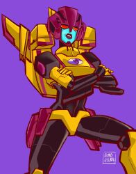 Rule 34 | 1girl, absurdres, annoyed, backpack, bag, crossed arms, dragstrip, dumbdelvon, helmet, highres, humanoid robot, panties, purple background, red eyes, red lips, robot, simple background, solo, transformers, transformers animated, underwear, yellow panties