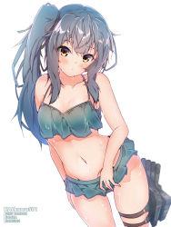 Rule 34 | 1girl, artist name, bikini, bikini skirt, black ribbon, blue bikini, breasts, brown eyes, closed mouth, commentary request, grey hair, hair ribbon, halkawa501, head tilt, highres, kantai collection, kasumi (kancolle), light frown, long hair, looking at viewer, medium breasts, navel, ribbon, rigging, side ponytail, sidelocks, simple background, solo, standing, swimsuit, thigh strap, wet, white background
