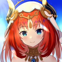 1girl bare_shoulders black_horns blue_eyes blush chinese_commentary closed_mouth commentary_request day genshin_impact gold headscarf highres horns jewelry lens_flare light_particles looking_at_viewer medium_hair nilou_(genshin_impact) partial_commentary portrait red_hair smile solo sunlight wuye yellow_horns