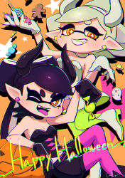 Rule 34 | + +, 2girls, :p, ;d, adapted costume, ankle boots, arm support, artist name, black choker, black gloves, black hair, black shirt, black shorts, blurry, boots, breasts, brown eyes, callie (splatoon), candy, choker, claws, cleavage, colored tongue, commentary, coula cat, cousins, earrings, english commentary, english text, fake horns, fangs, food, food on head, ghost, gingerbread man, gloves, green legwear, grey hair, grin, halloween costume, happy halloween, highres, holding, horns, inkling, jack-o&#039;-lantern, jewelry, leg up, lollipop, long hair, marie (splatoon), medium breasts, miniskirt, mole, mole under eye, multiple girls, navel, nintendo, object on head, one eye closed, open mouth, orange background, pantyhose, pointy ears, purple legwear, purple tongue, shadow, sharp teeth, shirt, short hair, shorts, signature, sitting, skirt, smile, splatoon (series), splatoon 1, standing, standing on one leg, star (symbol), strapless, teeth, tentacle hair, tongue, tongue out, white choker, white footwear, white gloves, white shirt, white skirt