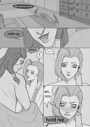 Rule 34 | 1boy, 1girl, bed, braid, collarbone, diter-trsey, english text, grey background, greyscale, highres, hypnosis, indoors, jinx (league of legends), league of legends, long hair, mind control, monochrome, open mouth, parted lips, simple background, speech bubble, thresh (league of legends), unbound thresh, undressing, very long hair