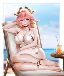 Rule 34 | 1girl, anklet, artist name, barefoot, beach chair, bikini, blurry, blurry background, breasts, choker, cleavage, collarbone, commentary request, cup, drinking glass, drinking straw, earrings, easonx, feet, genshin impact, hair between eyes, hair ornament, highres, jewelry, large breasts, legs, long hair, looking at viewer, ocean, on chair, partial commentary, pink hair, red choker, revision, sitting, solo, swimsuit, toes, white bikini, yae miko, yokozuwari