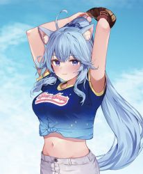 Rule 34 | 1girl, ahoge, animal ear fluff, animal ears, arms up, artist request, baseball, baseball glove, blue eyes, blue hair, blue shirt, breasts, cat ears, closed mouth, clothes writing, crop top, front-tie top, gradient clothes, hair ornament, hair scrunchie, highres, holding, indie virtual youtuber, kanase ito, long hair, looking at viewer, medium breasts, midriff, navel, ponytail, scrunchie, shirt, short sleeves, shorts, smile, solo, stomach, upper body, very long hair, virtual youtuber, white shorts