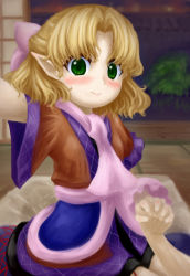 Rule 34 | 1girl, arm up, arm warmers, blonde hair, blush, bow, dress, green eyes, hair bow, holding hands, highres, indoors, layered dress, looking at viewer, mizuhashi parsee, official style, parody, pointy ears, pov, scarf, short hair, sliding doors, smile, solo, solo focus, style parody, tatami, touhou, veranda, yuki-ichigo, zun (style)