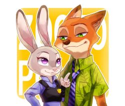 Rule 34 | 1boy, 1girl, artist request, blush, disney, fox, furry, green eyes, judy hopps, looking at another, nick wilde, police, police uniform, purple eyes, rabbit, simple background, smile, standing, tagme, uniform, upper body, white background, zootopia