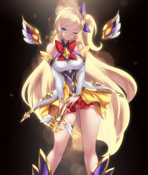 Rule 34 | 1girl, bad id, bad pixiv id, blonde hair, blue eyes, breasts, cait aron, detached sleeves, highres, holding, holding wand, large breasts, league of legends, long hair, looking at viewer, magical girl, one eye closed, one side up, seraphine (league of legends), solo, standing, star guardian seraphine, very long hair, wand, white sleeves