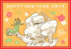 Rule 34 | armored core, armored core 6, cowboy shot, dragon horns, hand up, happy new year, horns, ia-02: ice worm, loader 4, mecha, mecha focus, new year, no humans, omochi anko3, robot, science fiction, standing, yellow background