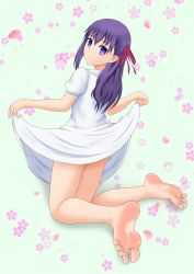 Rule 34 | 1girl, clothes lift, dress, dress lift, fate/stay night, fate (series), feet, from behind, highres, long hair, looking back, matou sakura, purple eyes, purple hair, red ribbon, renri (nknk4ag), ribbon, ribbon hair, smile, soles, solo, toes, white dress