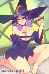 Rule 34 | 1girl, bare legs, bare shoulders, barefoot, between breasts, breasts, candy, cleavage, commentary, covered navel, dress, english commentary, food, glasses, hat, highres, holding, holding wand, large breasts, little witch academia, long sleeves, looking at viewer, off shoulder, pinky out, purple dress, purple hair, red eyes, rtil, sitting, smile, solo, ursula callistis, wand, wide sleeves, witch hat