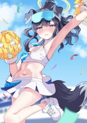 Rule 34 | 1girl, animal ears, armpits, arms up, bare shoulders, black hair, blue archive, blush, breasts, cheerleader, confetti, crop top, dog ears, dog girl, dog tail, eyewear on head, halo, hibiki (blue archive), hibiki (cheer squad) (blue archive), highres, holding, holding pom poms, long hair, looking at viewer, mashimyu, medium breasts, midriff, millennium cheerleader outfit (blue archive), navel, official alternate costume, pom pom (cheerleading), pom poms, shoes, skirt, sneakers, solo, standing, standing on one leg, star sticker, sticker on face, tail, yellow halo
