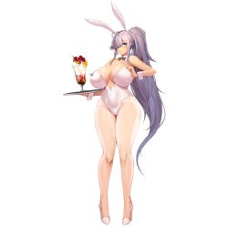Rule 34 | 1girl, animal ears, bow, bowtie, breasts, cherry, cream, detached collar, fake animal ears, food, fruit, full body, glass, gnome (last origin), hair over one eye, high heels, highres, huge breasts, ice cream, last origin, leotard, long hair, looking at viewer, name tag, official art, pantyhose, parfait, playboy bunny, ponytail, rabbit ears, silver hair, snowball22, solo, strapless, strapless leotard, sundae, tachi-e, transparent background, very long hair, white leotard, white pantyhose, wrist cuffs