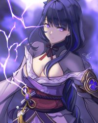 Rule 34 | 1girl, armor, artist name, braid, breasts, cleavage, closed mouth, dated, electricity, flower, genshin impact, hair ornament, highres, i a n, japanese clothes, kimono, large breasts, long hair, looking at viewer, mole, mole under eye, obi, obiage, obijime, purple eyes, purple flower, purple hair, raiden shogun, ribbon, sash, shoulder armor, signature, solo, tassel