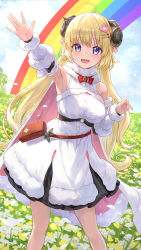 Rule 34 | 1girl, :d, ahoge, animal ears, armpits, bag, blonde hair, blue sky, blush, breasts, cloud, commentary, curled horns, day, detached sleeves, dress, field, flower, flower field, guchico, hair ornament, hairclip, highres, hololive, horns, long hair, looking at viewer, medium breasts, open mouth, outdoors, outstretched arm, purple eyes, rainbow, sheep ears, sheep girl, sheep horns, sky, sleeveless, sleeveless dress, smile, solo, standing, tsunomaki watame, tsunomaki watame (1st costume), very long hair, virtual youtuber