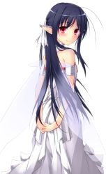 Rule 34 | 1girl, accel world, antennae, arms behind back, asuna (sao), asuna (sao) (cosplay), asuna (sao-alo), asuna (sao-alo) (cosplay), bad hands, bare shoulders, black hair, blush, cosplay, creator connection, dress, ear covers, from behind, highres, interlocked fingers, kuroyukihime, long hair, looking at viewer, looking back, pointy ears, red eyes, smile, solo, sword art online, titania (sao), titania (sao) (cosplay), white background, wings, yagami shuuichi