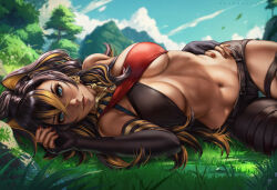Rule 34 | 1girl, artist name, asymmetrical clothes, bare shoulders, black gloves, black hair, black pants, blonde hair, blue eyes, blue sky, blurry, blurry background, breasts, cloud, criss-cross halter, crossed bangs, dandon fuga, dark-skinned female, dark skin, dehya (genshin impact), earrings, elbow gloves, fingerless gloves, genshin impact, gloves, gold choker, hair between eyes, hair ears, hair intakes, halterneck, hand on own hip, jewelry, large breasts, linea alba, long hair, looking at viewer, lying, multicolored hair, multiple thigh straps, nail polish, navel, on grass, on side, outdoors, pants, parted lips, red nails, single earring, single pantsleg, sky, solo, stomach, streaked hair, thigh gap, thigh strap, toned, two-tone hair, yellow pupils