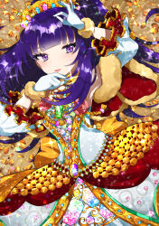 Rule 34 | 1girl, absurdres, blue gemstone, blunt bangs, blush, coin, crystal, detached sleeves, dress, eyelashes, gem, gloves, gold coin, green gemstone, hanazono shuka, highres, holding, holding coin, idol time pripara, jewelry, lying, on back, open mouth, pink gemstone, ponytail, pretty series, pripara, purple eyes, purple hair, red gemstone, shiraie, solo, sparkling eyes, white gloves, white sleeves