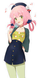 Rule 34 | 1girl, ahoge, arm behind back, beamed quavers, blue skirt, blush, buttons, candy, candy hair ornament, choker, collarbone, cowboy shot, crotchet, eyebrows, floral print, food, food-themed hair ornament, green eyes, green pantyhose, hair ornament, hair rings, hair scrunchie, har, holding, holding food, ica, lollipop, long hair, looking at viewer, musical note, original, pantyhose, pink hair, quaver, scrunchie, simple background, skirt, solo, standing, tongue, tongue out, treble clef, twintails, white background