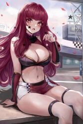 Rule 34 | 1girl, bare arms, bare shoulders, breasts, cleavage, crop top, facial mark, feet out of frame, fire emblem, fire emblem engage, large breasts, leonmandala, long hair, looking at viewer, midriff, miniskirt, navel, nintendo, open mouth, pencil skirt, purple hair, race queen, shirt, sitting, skirt, sleeveless, sleeveless shirt, solo, star (symbol), stomach, thighhighs, thighs, very long hair, white thighhighs, yunaka (fire emblem)