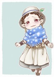 Rule 34 | 10s, 1girl, blue background, blue scarf, blush, bracelet, brown hair, commentary, earrings, full body, hakumei to mikochi, hat, hat ornament, jada (hakumei to mikochi), jewelry, looking at viewer, pointy ears, poronegi, sandals, scarf, short hair, simple background, skirt, smile, solo, standing, white skirt, wristband