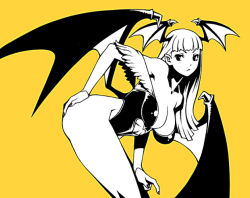 Rule 34 | 1girl, 1zu3, bad id, bad pixiv id, bare shoulders, bat wings, bent over, blunt bangs, breasts, cleavage, collaboration, demon girl, demon wings, female focus, hand on own ass, hanging breasts, head wings, high contrast, large breasts, leotard, long hair, monochrome, morrigan aensland, pantyhose, pointy ears, simple background, solo, thick thighs, thighs, vampire (game), wings, yellow background