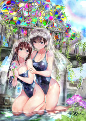 Rule 34 | 2girls, absurdres, black hair, blue eyes, blue sky, breasts, bridal veil, brown hair, cloud, commentary request, competition swimsuit, day, eye contact, flower, full body, highleg, highleg swimsuit, highres, kneeling, large breasts, long hair, looking at another, marriage, multiple girls, ogata tei, one-piece swimsuit, original, outdoors, plant, ruins, shallow water, short hair, sky, stained glass, strap slip, swimsuit, twintails, undressing, veil, vines, water, wife and wife, yuri