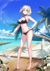 Rule 34 | 1girl, alternate costume, barefoot, beach, bikini, bird, black bikini, blush, boardwalk, breasts, cleavage, clenched teeth, contrapposto, cosplay, dock, embarrassed, fate/grand order, fate (series), feathers, flower, forest, hand on own hip, highres, jeanne d&#039;arc (fate), jeanne d&#039;arc alter (fate), jeanne d&#039;arc alter (swimsuit berserker) (fate), jeanne d&#039;arc alter (swimsuit berserker) (fate) (cosplay), nature, navel, ocean, pajaaa18, palm tree, shore, short hair, solo, strap gap, swimsuit, teeth, thighs, tree, water, yellow eyes