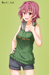 Rule 34 | 1girl, alternate costume, anti (untea9), black shorts, blush, breasts, green background, hair between eyes, hand on own hip, highres, kantai collection, kinu (kancolle), looking at viewer, medium breasts, medium hair, open mouth, pink hair, red eyes, short shorts, shorts, simple background, solo