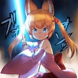 Rule 34 | 1girl, :3, animal ear fluff, animal ears, blue eyes, breasts, commentary request, detached sleeves, energy sword, food, food request, fox ears, guchico, hair ornament, hairclip, kemomimi oukoku kokuei housou, lightsaber, long hair, looking at viewer, nekomasu (kemomimi vr channel), orange hair, pocky, solo, star wars, sword, twintails, virtual youtuber, weapon, wide sleeves
