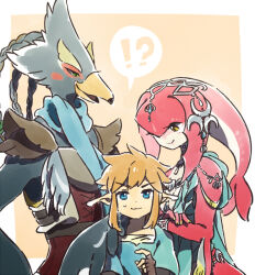 Rule 34 | !?, 1girl, 2boys, arm on another&#039;s shoulder, armor, beak, bird boy, blonde hair, blue eyes, blue fur, blue hair, blue scarf, blue shirt, blush, blush stickers, body fur, border, braid, breastplate, brown gloves, closed mouth, colored skin, fingerless gloves, fins, fish girl, furry, furry female, furry male, gloves, green eyes, hair tie, half-closed eyes, hand up, head fins, head tail, headpiece, height difference, layered sleeves, light blush, link, long sleeves, looking at another, looking at viewer, medium hair, mipha, multicolored skin, multiple boys, nervous smile, open mouth, orange background, outside border, pointy ears, quad tails, red skin, revali, rito, scarf, shirt, short hair, short over long sleeves, short sleeves, shoulder pads, sidelocks, simple background, smile, speech bubble, spoken interrobang, standing, straight-on, sweat, the legend of zelda, the legend of zelda: breath of the wild, two-tone fur, two-tone skin, ukata, undershirt, upper body, v-shaped eyebrows, white border, white fur, white skin, winged arms, wings, yellow eyes, zora