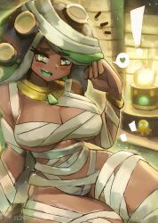 Rule 34 | 1girl, absurdres, artist name, bandages, blush, bracelet, breasts, brown hair, cleavage, cowboy shot, curvy, dark-skinned female, dark skin, gradient hair, green eyes, green hair, halloween, halloween costume, heart, heart-shaped pupils, highres, indoors, jewelry, large breasts, marina (splatoon), multicolored hair, mummy, mummy costume, nintendo, octoling, open mouth, sitting, smile, solo, speech bubble, splatoon (series), splatoon 3, spoken heart, symbol-shaped pupils, teeth, tentacle hair, tongue, tony welt, upper teeth only, wide hips
