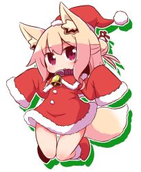 Rule 34 | 1girl, :o, animal ear fluff, animal ears, bell, blonde hair, blush, bobblehat, boots, buckle, chibi, christmas, collar, commentary request, dress, fox ears, fox girl, fox tail, full body, fur-trimmed dress, fur trim, hair bun, half updo, hat, jumping, knee boots, long sleeves, looking at viewer, naga u, neck bell, open mouth, original, outline, red dress, red eyes, red footwear, red hat, santa costume, santa hat, single hair bun, sleeves past wrists, solo, tail, tareme, thigh gap, w arms, white background, white outline